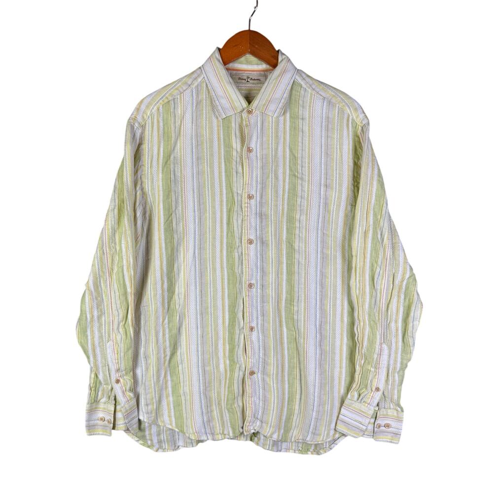 Tommy Bahamas Multi Striped Pattern Button Up Linen‎ Blend Vacation Shirt Large